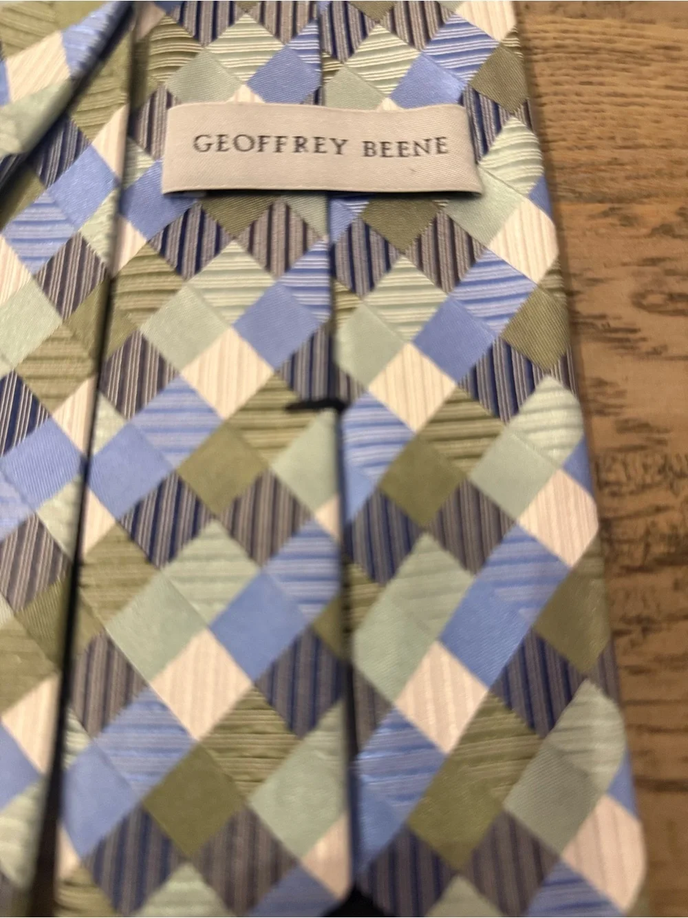Geoffrey Beene Blue, Light Green and Cream Geometric Silk Tie